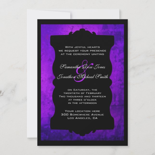 Distressed Purple Black Gothic Wedding Invitation (Front)