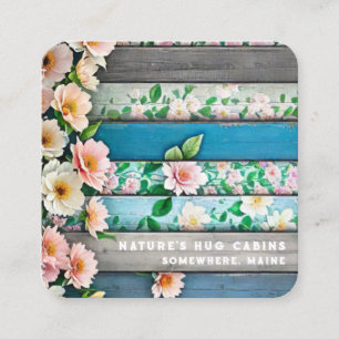 *~* Distressed QR AP49 Flowers Pastel Wood Square Business Card