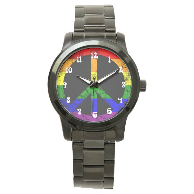 Distressed Rainbow Flag Peace sign Watch (Front)