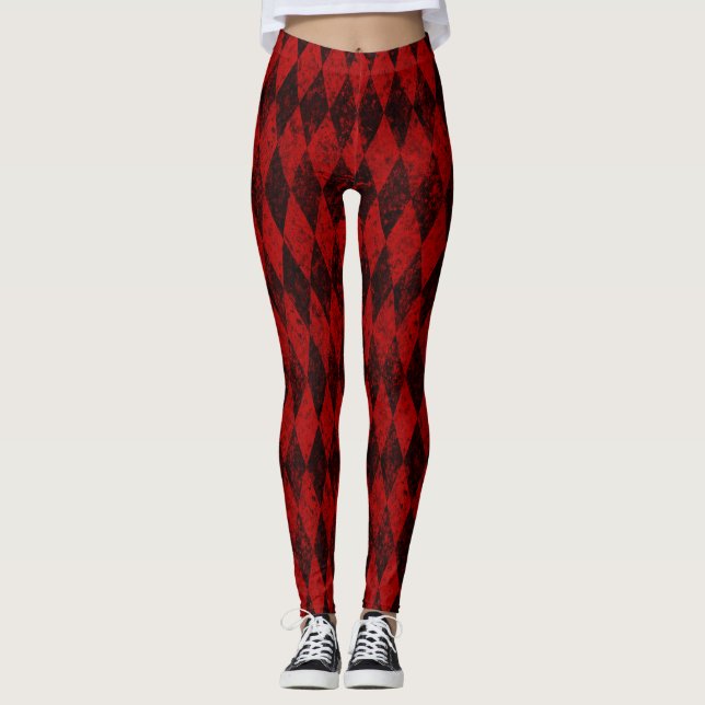 Distressed Red Black Harlequin Diamond Argyle Leggings (Front)