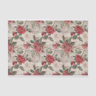 Distressed Red Roses on Abstract Newsprint Pattern Tissue Paper