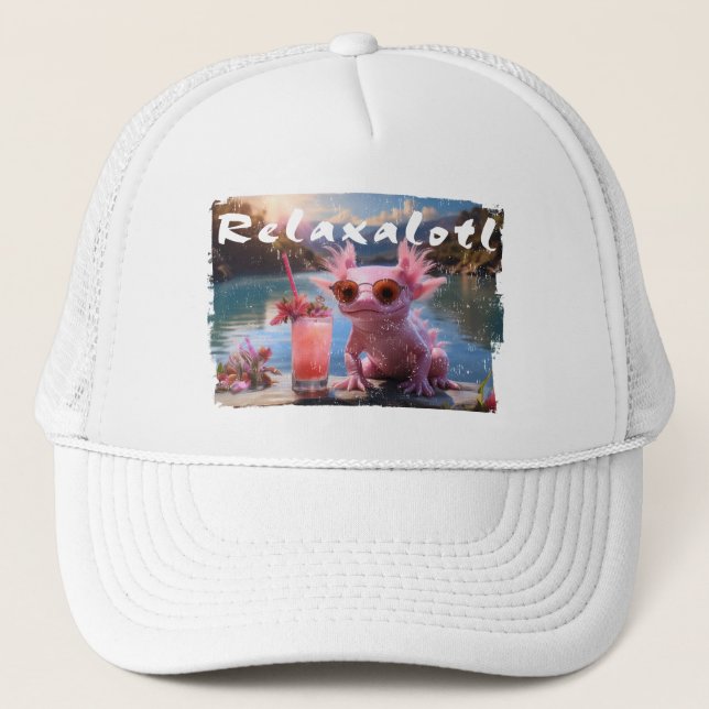 Distressed Relaxalotl Axolotl Trucker Hat (Front)