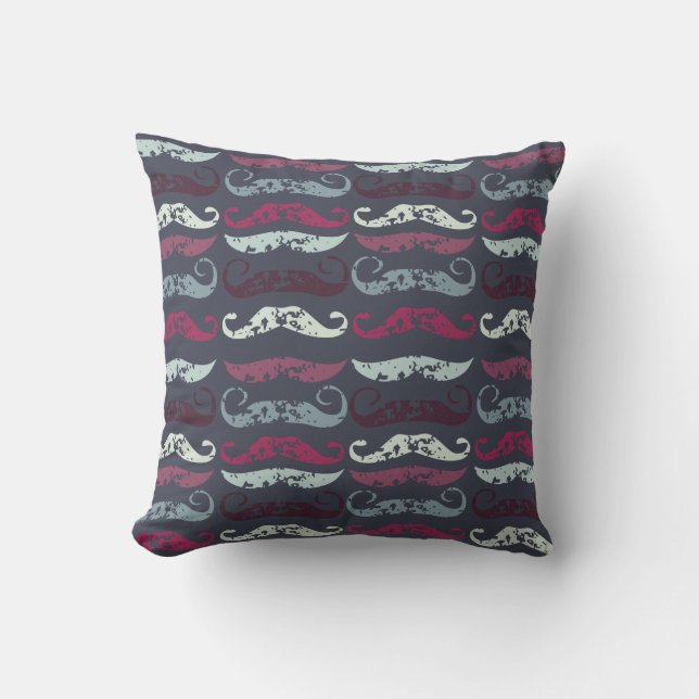 Distressed Retro Moustache Print Cushion (Front)