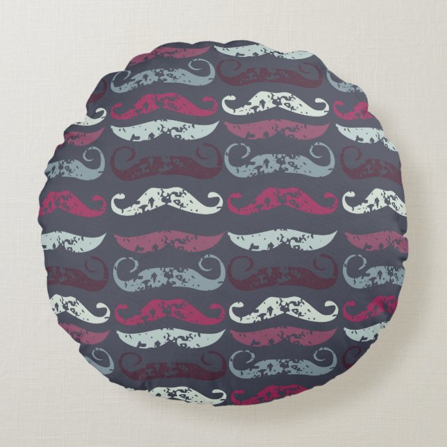 Distressed Retro Moustache Print Round Cushion (Front)