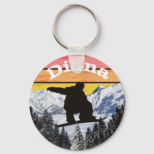 Distressed Retro Snowboard Ski Slopes Name Key Ring (Front)