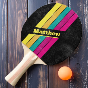 Distressed Retro Striped Dark 80s with Name Ping Pong Paddle