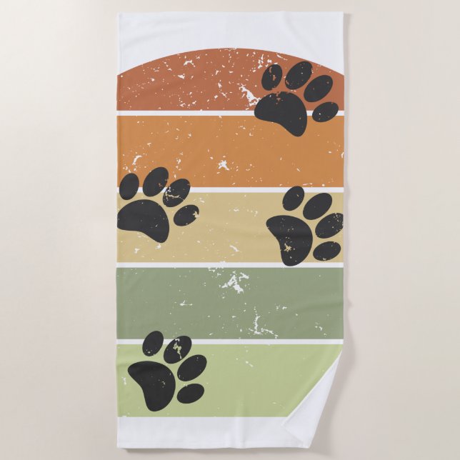 Distressed Retro Sunset Paw Tracks Beach Towel (Front)