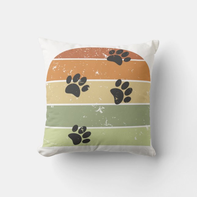 Distressed Retro Sunset Paw Tracks Throw Pillow (Front)