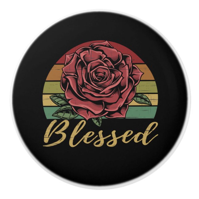 Distressed Retro Sunset Red Rose Blessed Ceramic Knob (Front)