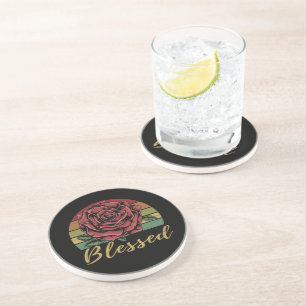 Distressed Retro Sunset Red Rose Blessed Coaster