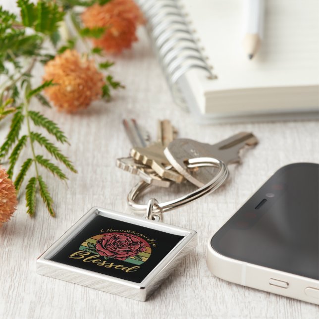 Distressed Retro Sunset Red Rose Blessed Key Ring (Side)