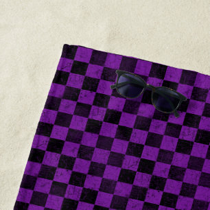 Distressed Rustic Checks, Purple, Black Beach Towel