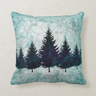Distressed Rustic Evergreen Pine Trees Forest Cushion