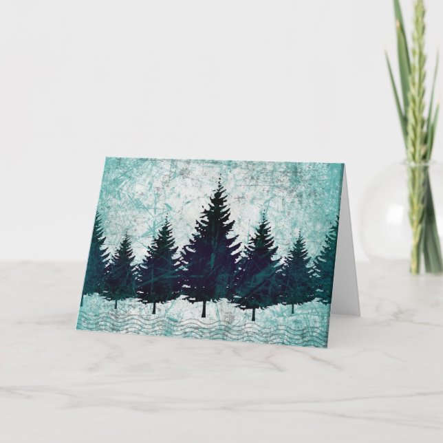 Distressed Rustic Evergreen Pine Trees Forest Holiday Card (Front)