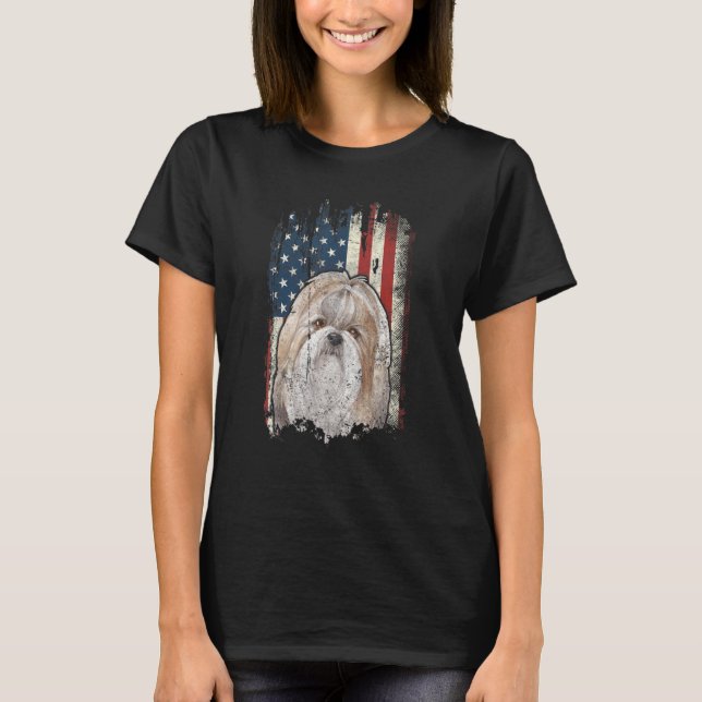 Distressed Shih Tzu American Flag Patriotic Dog T-Shirt (Front)