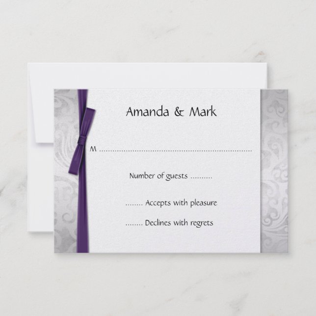 Distressed Silver Damask Purple Ribbon Bow RSVP (Front)