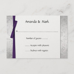 Distressed Silver Damask Purple Ribbon Bow RSVP Card