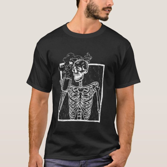 Distressed Skeleton Smiling Skull Drinking Coffee T-Shirt (Front)
