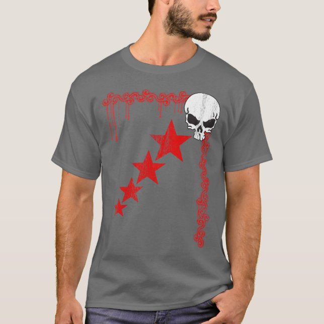 Distressed Skull/Star Pattern T-Shirt (Red) (Front)