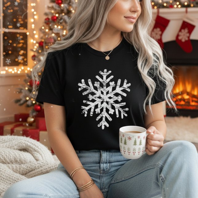 Distressed Snowflake Winter Christmas Tri-Blend Shirt (Distressed snowflake design on classic black. Minimalist winter & holiday style for snow lovers! ❄)