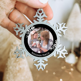 Distressed Snowflakes Black Photo Monogram Snowflake Pewter Christmas Ornament
