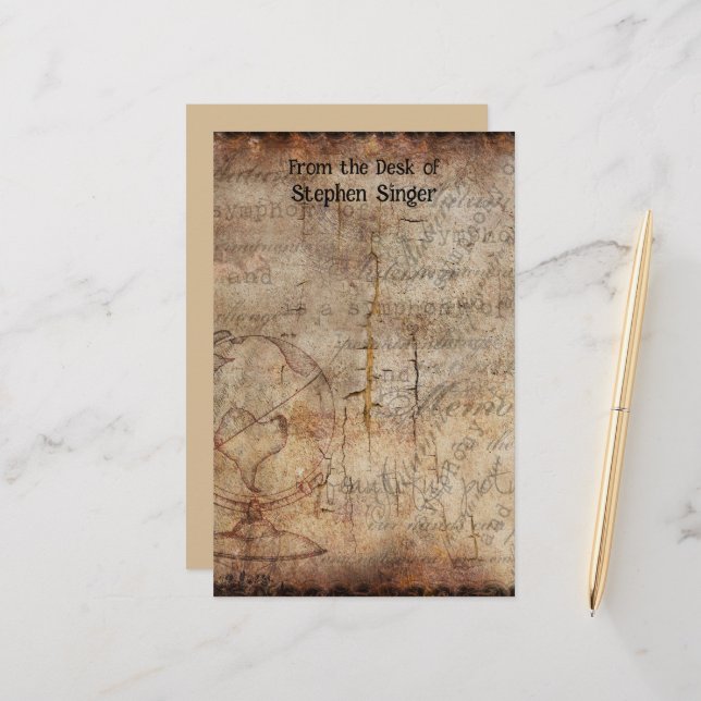 Distressed Steampunk Globe Travel Journal Stationery (Front/Back In Situ)