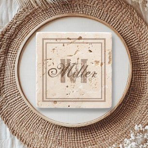 Distressed Stone Rustic Aged Monogram Stone Coaster