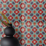 Distressed Stone Texture Kaleidoscope Geometric Tile<br><div class="desc">This ceramic tile features an abstract geometric pattern that exudes a sense of balance and precision. The design is reminiscent of kaleidoscopic imagery, with symmetrical shapes radiating from the centre in a harmonious explosion of red, blue, teal, and beige The background has a distressed texture, giving the tile an antique...</div>