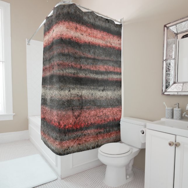 Distressed Stripes Coral Pink Black Grey Abstract Shower Curtain (In Situ)
