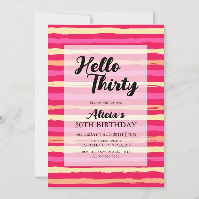 Distressed Stripes Pink Colourful 30th Birthday  Invitation (Front)