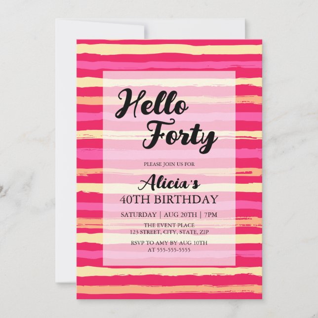 Distressed Stripes Pink Colourful 40th Birthday  Invitation (Front)