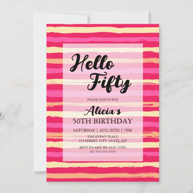 Distressed Stripes Pink Colourful 50th Birthday  Invitation (Front)