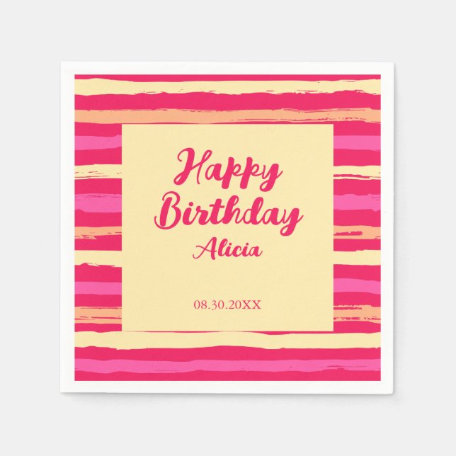 Distressed Stripes Pink Peach Colourful Birthday Napkin (Front)