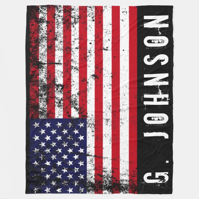 Distressed Style American Flag Custom Name Fleece Blanket (Front)