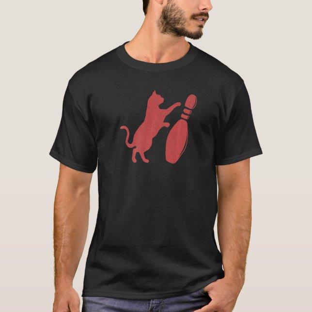 Distressed Style Cute Cat Knocking Over Bowling Pi T-Shirt (Front)