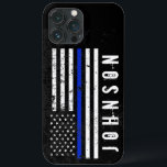Distressed Style Police Flag Personalised Name iPhone 13 Pro Max Case<br><div class="desc">This unique phone case features a thin blue line police flag-themed flag in the centre in a rugged cracked and distressed style.  To the side of this is a spot for your's or your gift recipient's unique first or last name.</div>