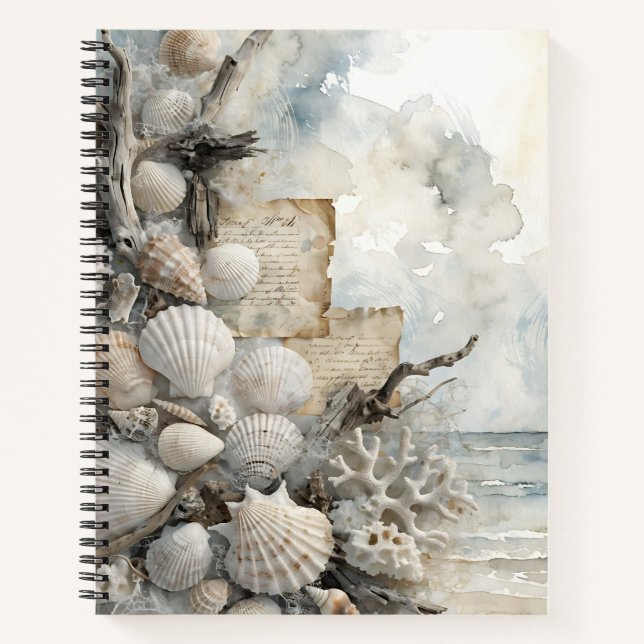 DISTRESSED SUMMER BEACH SCENE AND SEASHELLS NOTEBOOK (Front)
