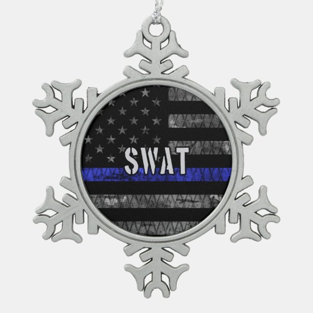Distressed SWAT Police Flag Snowflake Pewter Christmas Ornament (Front)