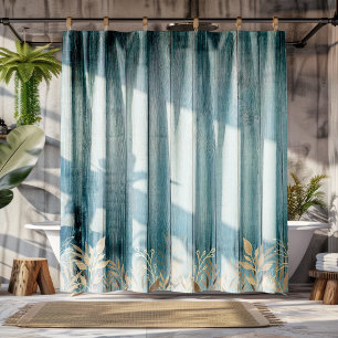 Distressed Teal Green Boards Sepia Foliage Shower Curtain