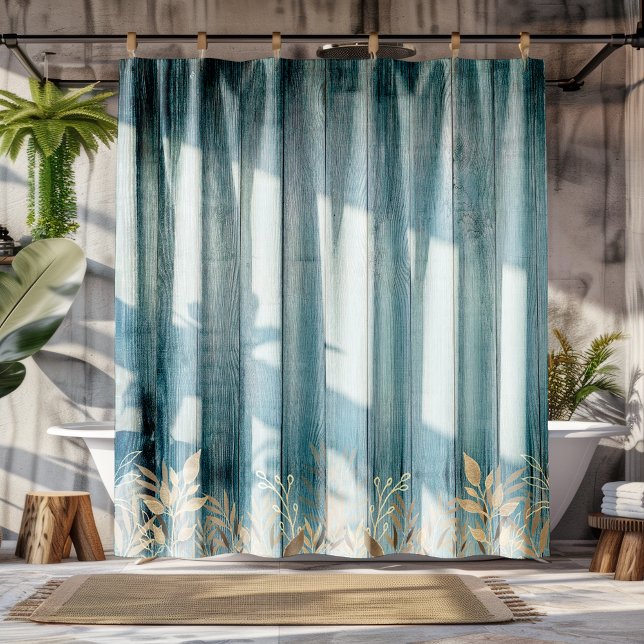 Distressed Teal Green Boards Sepia Foliage Shower Curtain (Creator Uploaded)