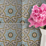Distressed Teal White Gold Geometric Pattern Tile<br><div class="desc">Introducing our decorative ceramic tile that exudes a blend of modern and classic appeal. It features an intricate geometric pattern that is both eye-catching and sophisticated. The central motif of the design is a symmetrical arrangement of teal and white petal-like shapes that radiate from a golden-yellow circle. Each petal is...</div>