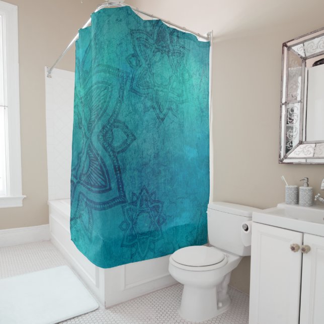 Distressed Turquoise Blue Mandala Design Shower Curtain (In Situ)