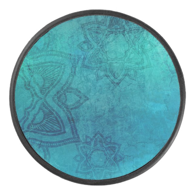 Distressed Turquoise Mandala Hockey Puck (Front)