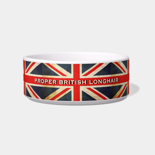 Distressed Union Jack British Longhair Cat Bowl (Front)
