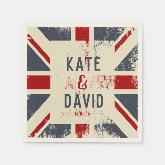 Distressed Union Jack Couple's Names Wedding Gift Napkin (Front)