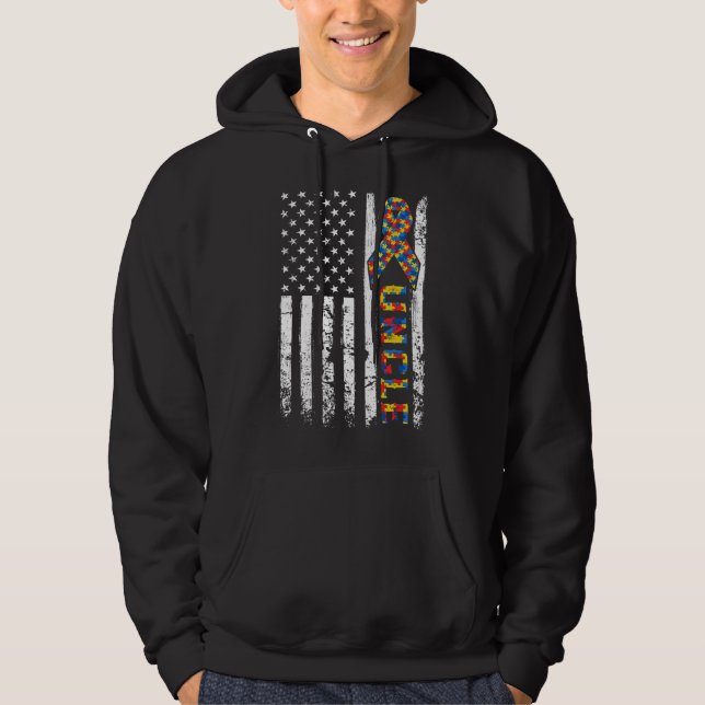 Distressed Usa Flag Autism Uncle Awareness Autisti Hoodie (Front)