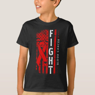 Distressed USA Flag Red Ribbon Fight Blood Cancer T-Shirt