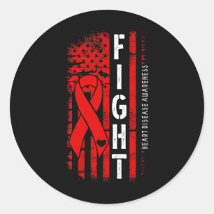 Distressed Usa Flag Red Ribbon Fight Heart Disease Classic Round Sticker