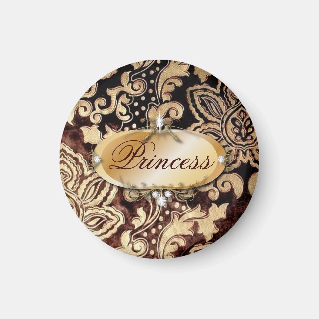 distressed victorian gold chocolate brown damask magnet (Front)