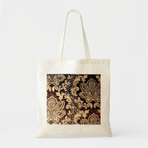 distressed victorian gold chocolate brown damask tote bag